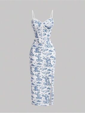 SHEIN Blue & White Toile Corset Midi 2pc set